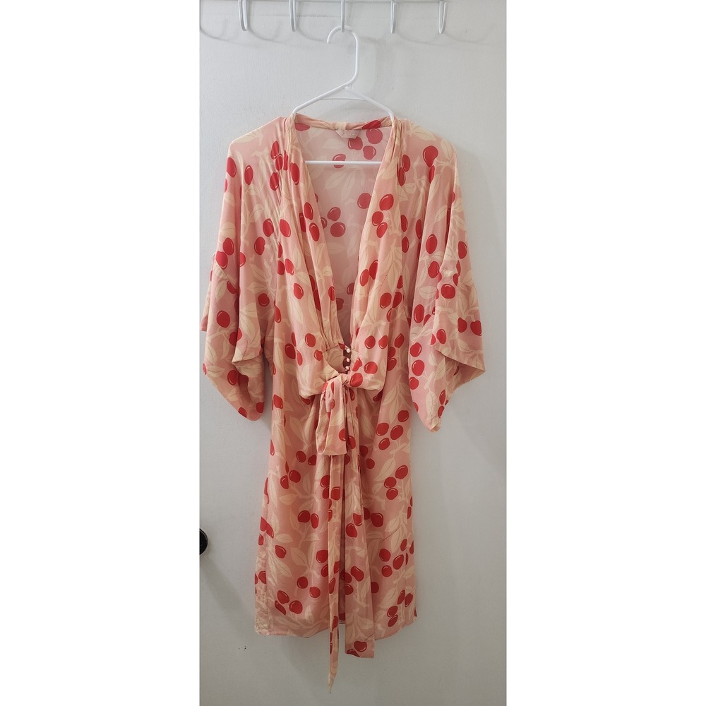 Maria‎ Sanz Pink Red Cherry Print 100% Silk Kimono Mini Dress One Size Brazil